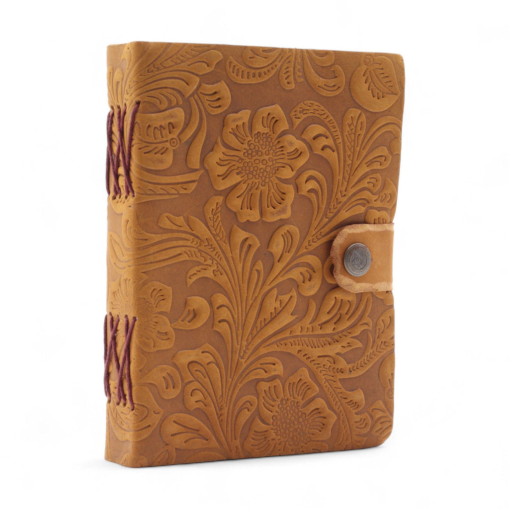 Leather Embossed Notebook – Tan Floral Pattern –  17.8×12.7 cm