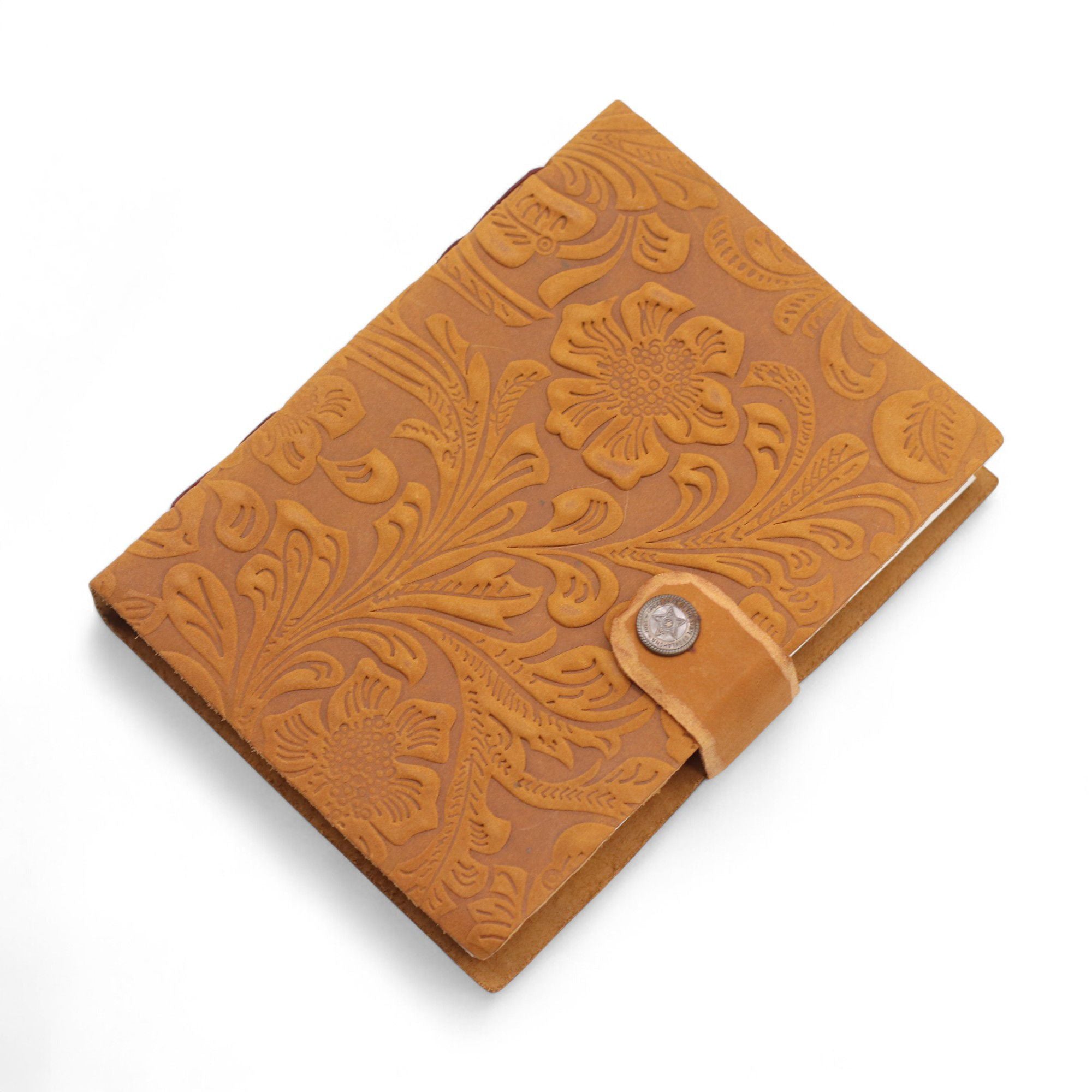 Leather Embossed Notebook – Tan Floral Pattern –  17.8×12.7 cm