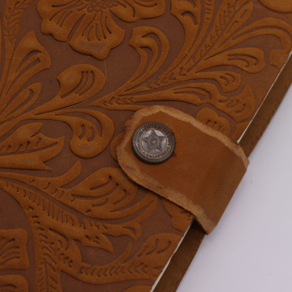 Leather Embossed Notebook – Tan Floral Pattern –  17.8×12.7 cm