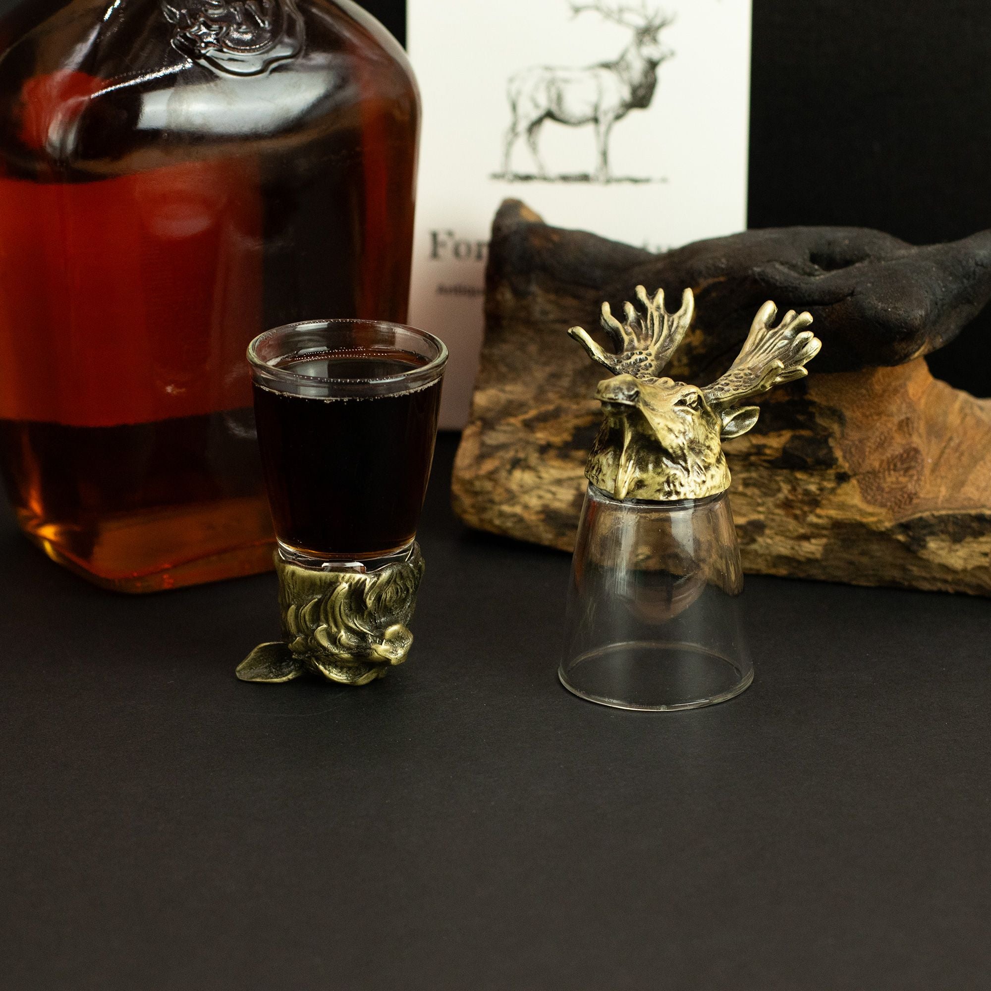 Gift Set of 12 Bottom Up Shot Glasses (25ml) - Forest & Mystical Creatures - Antique Bronze