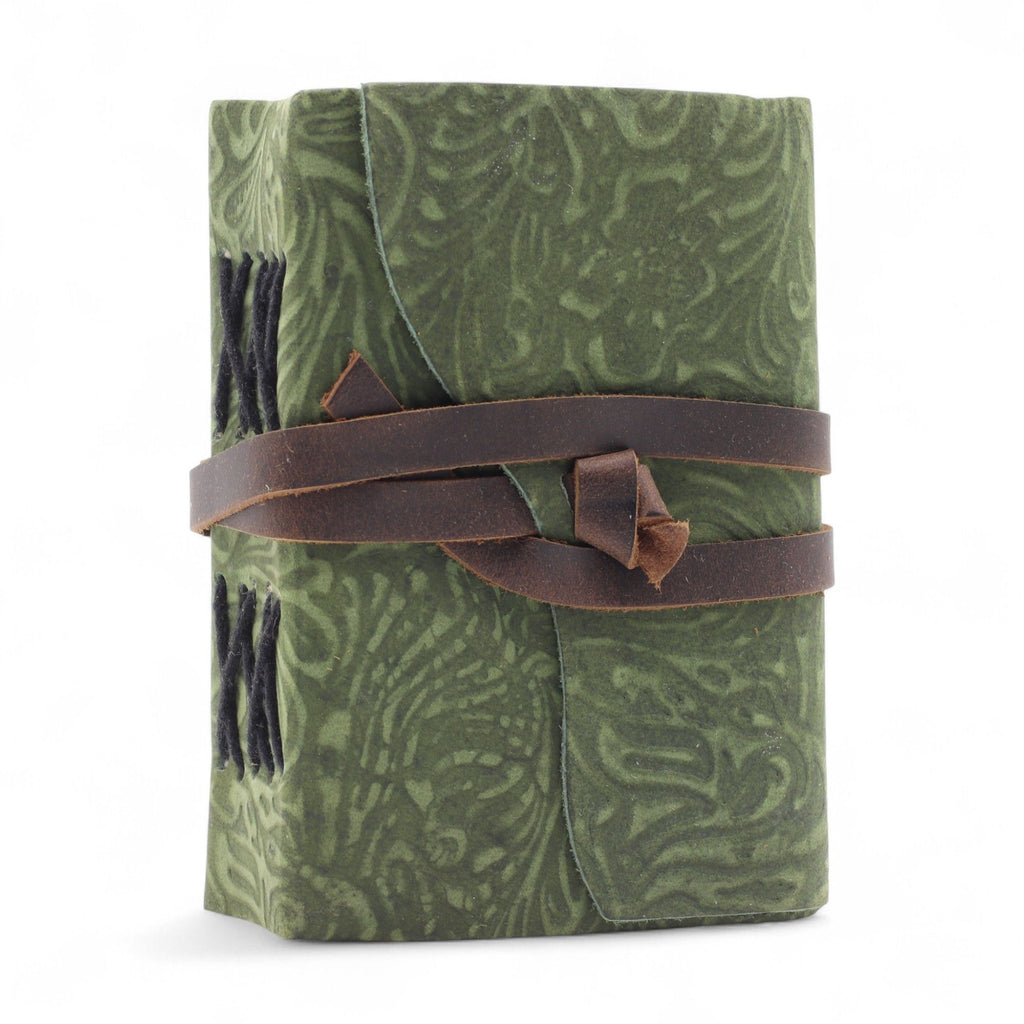 Fat Deckled Leather Notebook – Green Maze Pattern – 12.7×8.9 cm