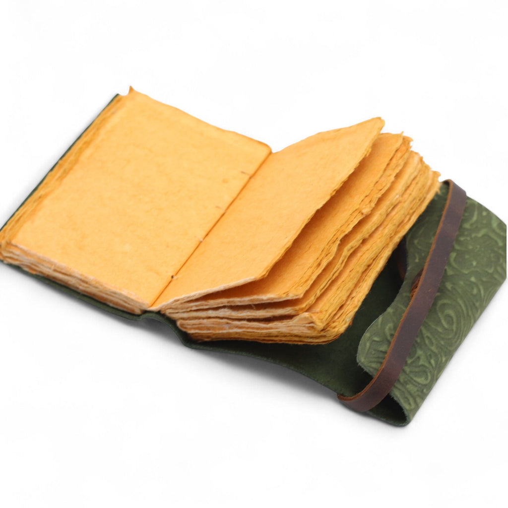 Fat Deckled Leather Notebook – Green Maze Pattern – 12.7×8.9 cm